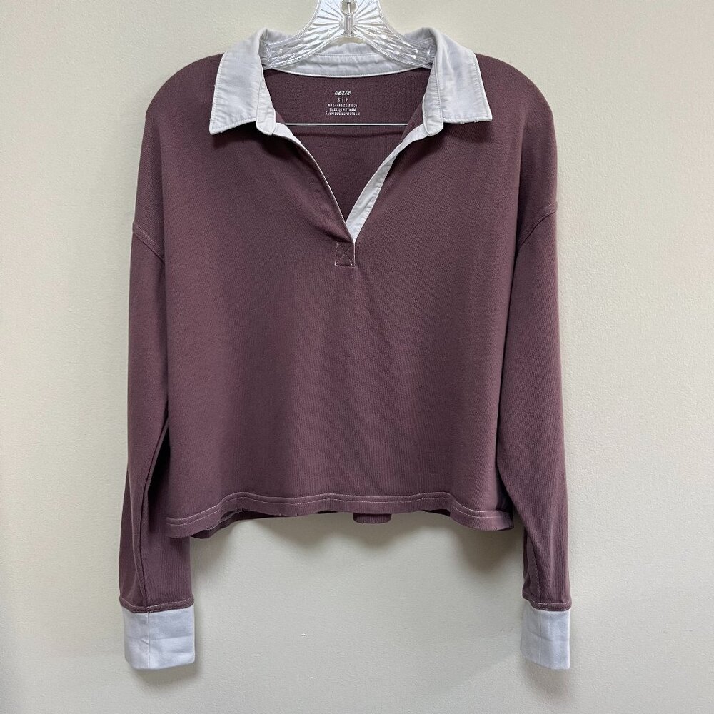 Aerie Mauve Long Sleeve Cropped Polo T-Shirt